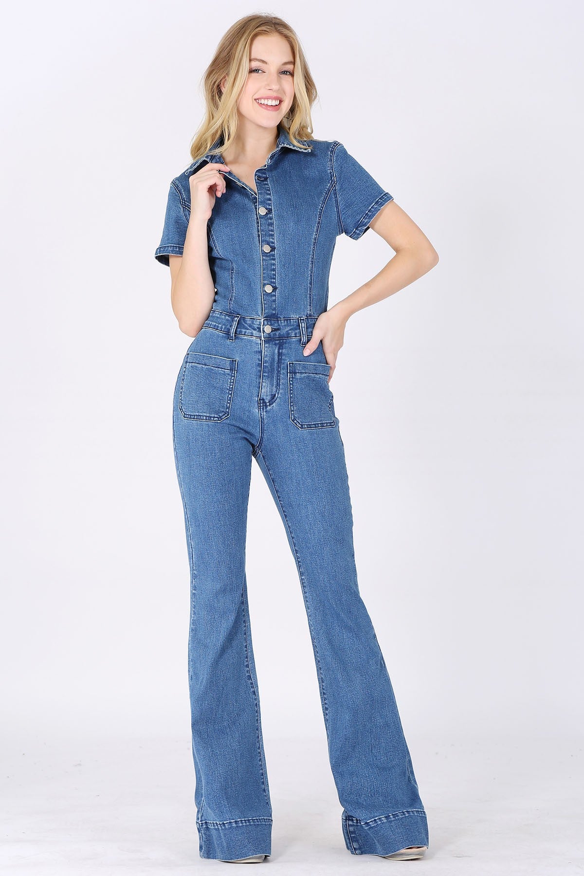 Long Flared Denim Jumpsuit