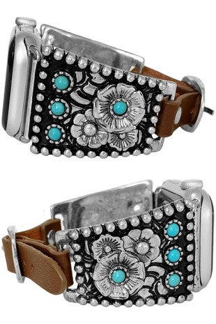 Floral Beaded Apple Leather Watchband