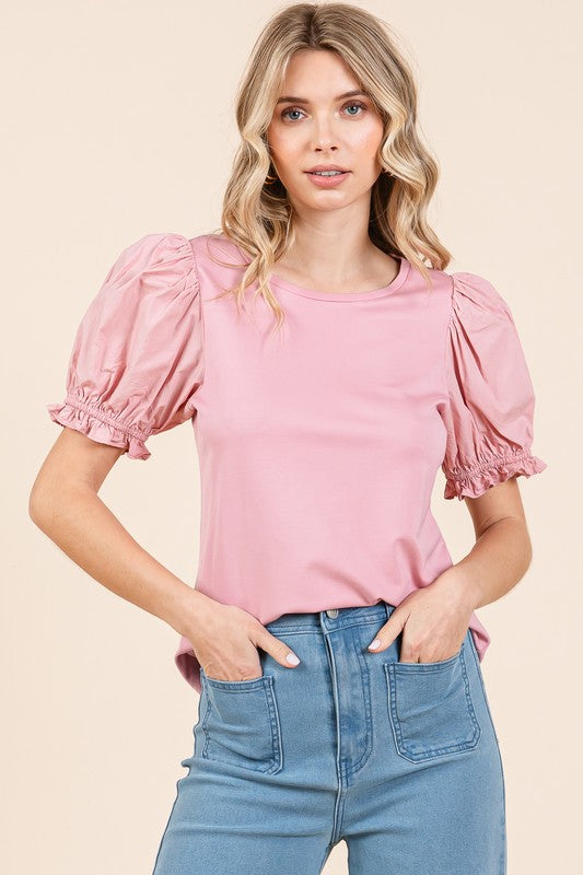 Pink Puff Sleeve Knit Top