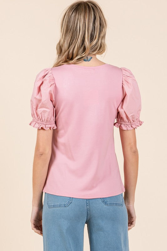 Pink Puff Sleeve Knit Top