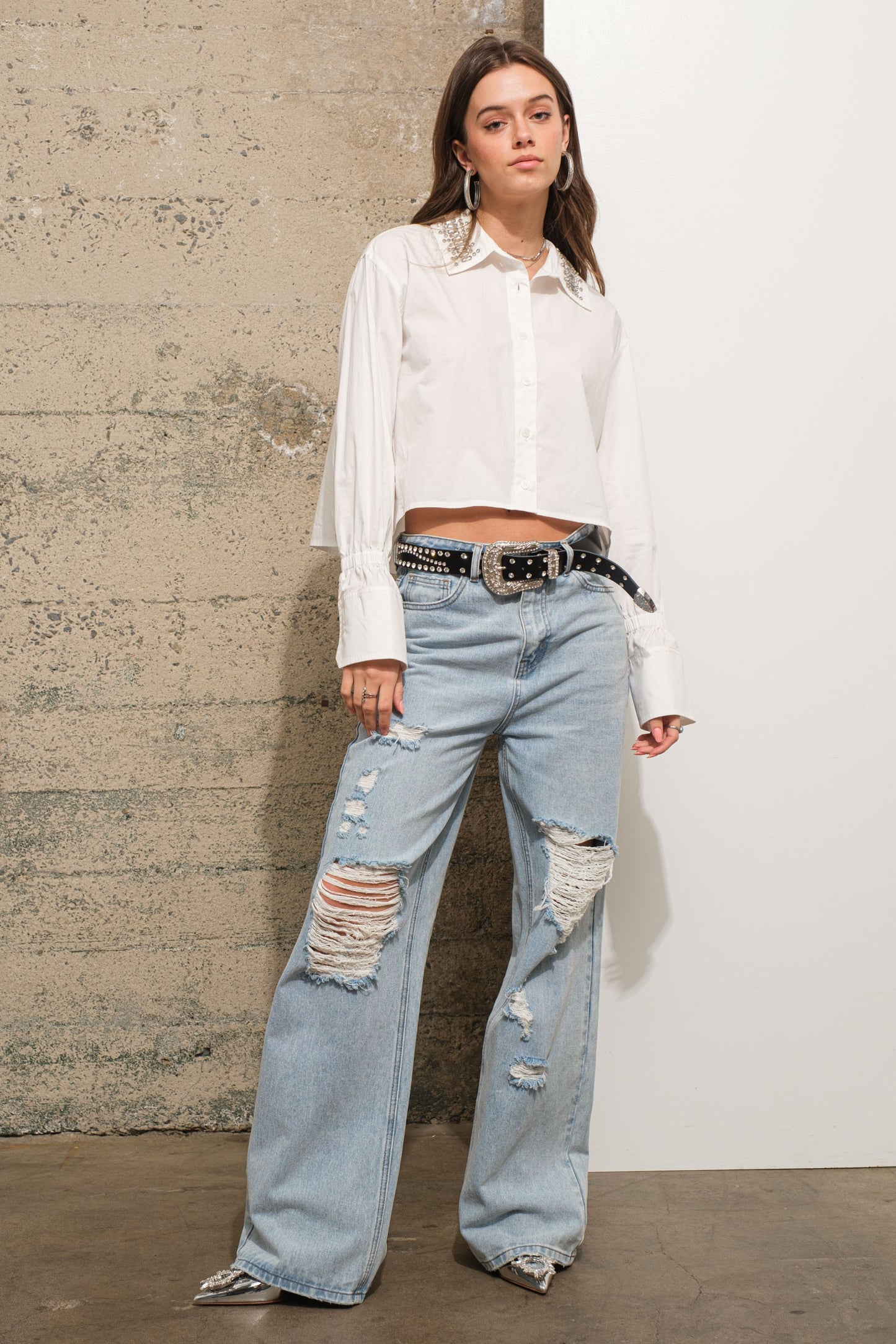 Rhinestone Collared Poplin Top