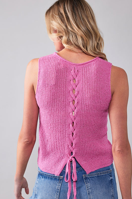 Pink Back Lace Knit Sleeveless Top