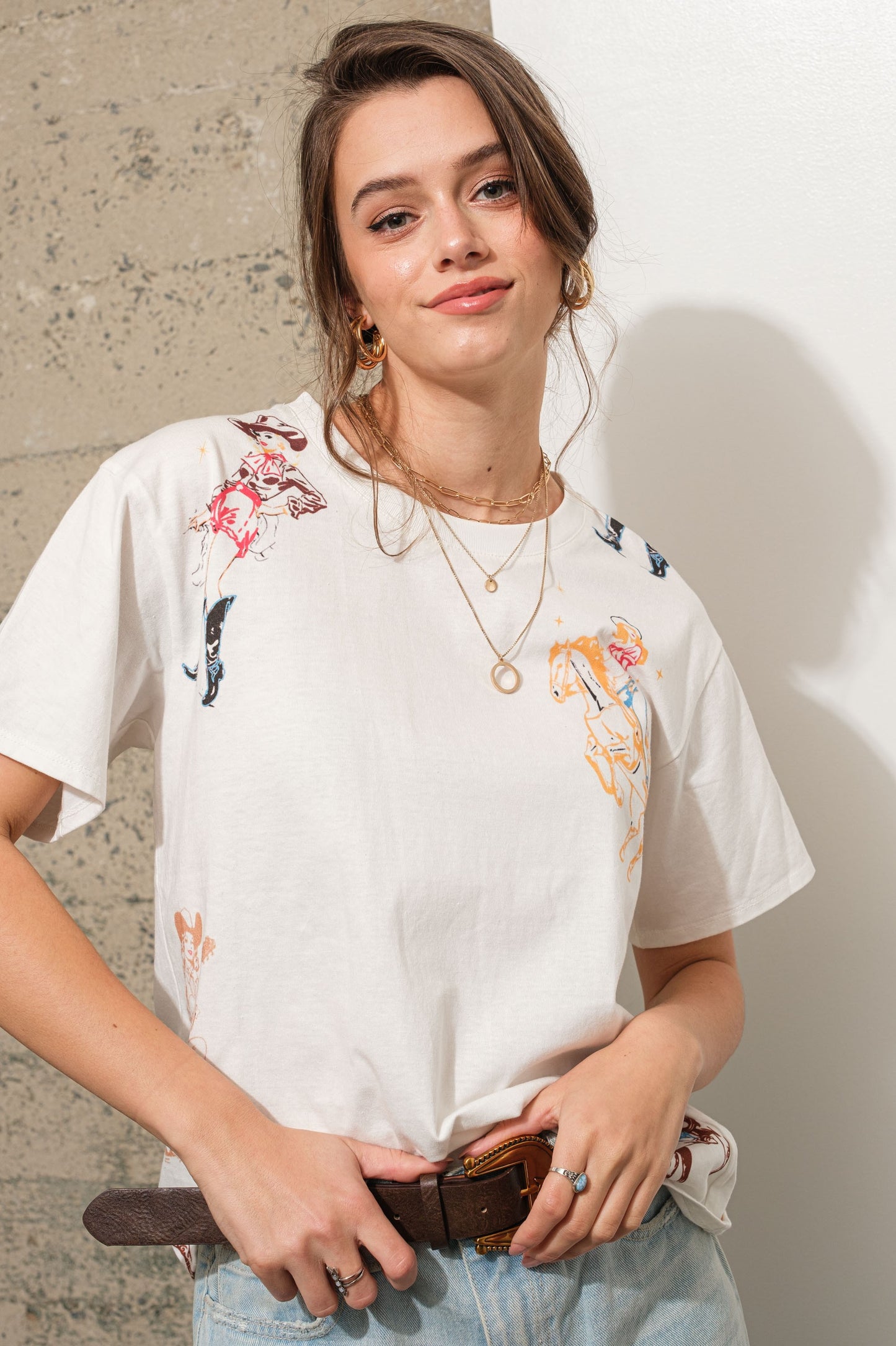 Western Cowgirl Motif Graphic T-Shirt