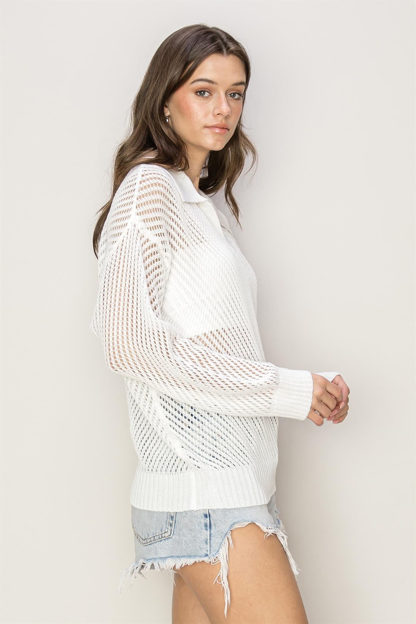 Collard Open Stitch Knit Top