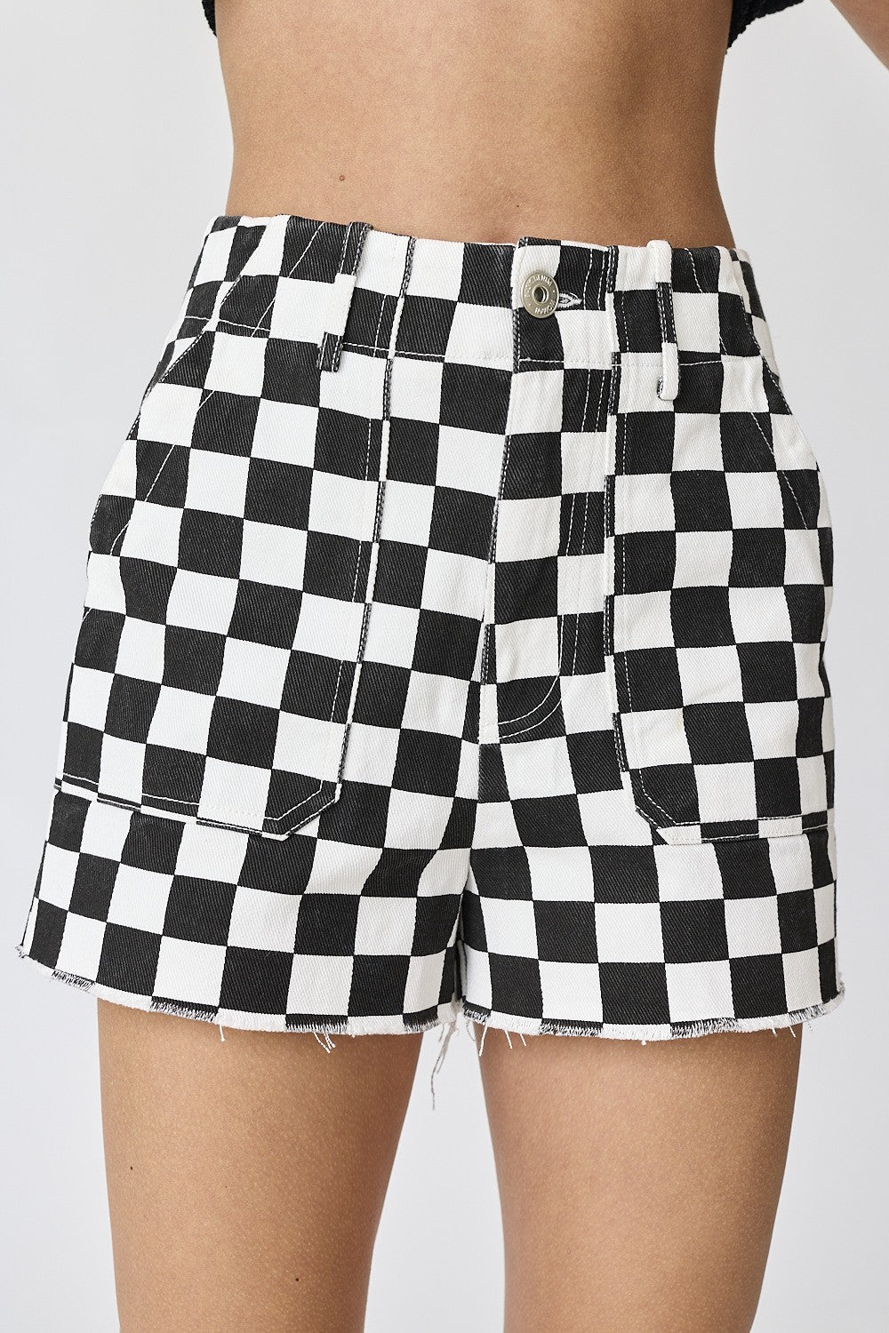 Black Checkered Denim Shorts