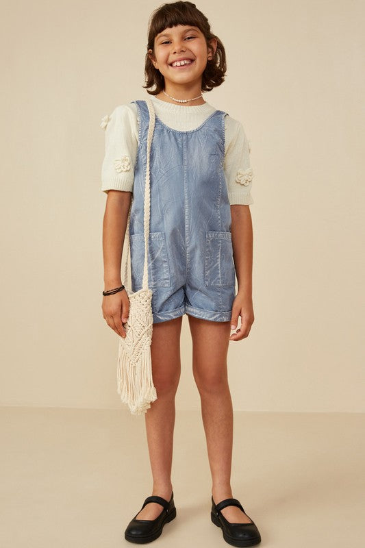 Girls Washed Patch Pocket Sleeveless Romper