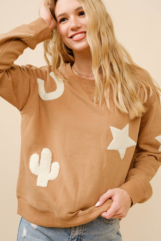 Tan Western Textured Sweatshirt