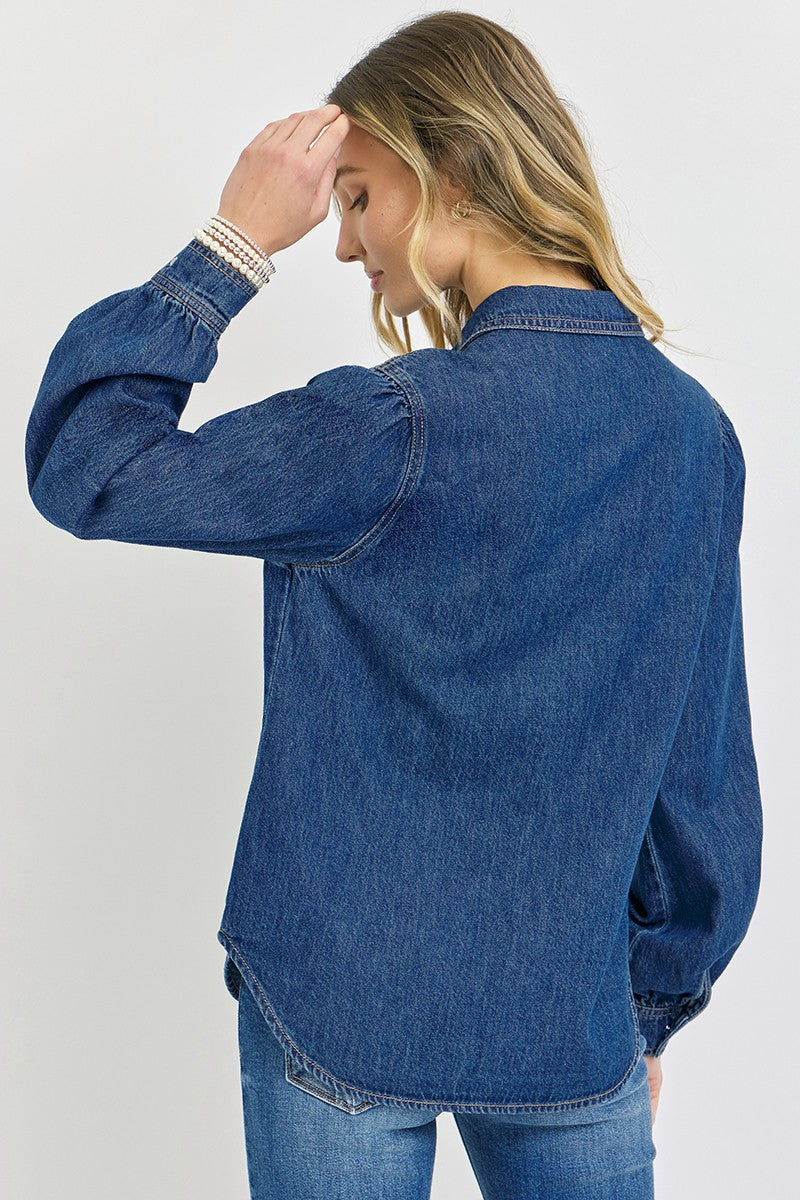 Risen Shirring Sleeve Relaxed Denim Top