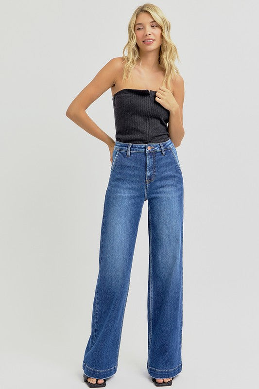 Risen Wide Leg Slanted Pocket Jeans