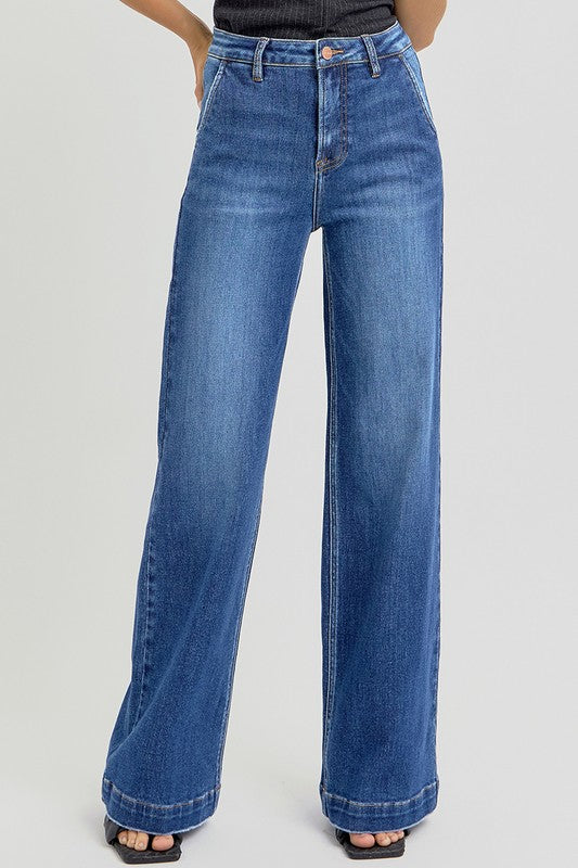 Risen High Rise Wide Leg Slanted Pocket Jeans