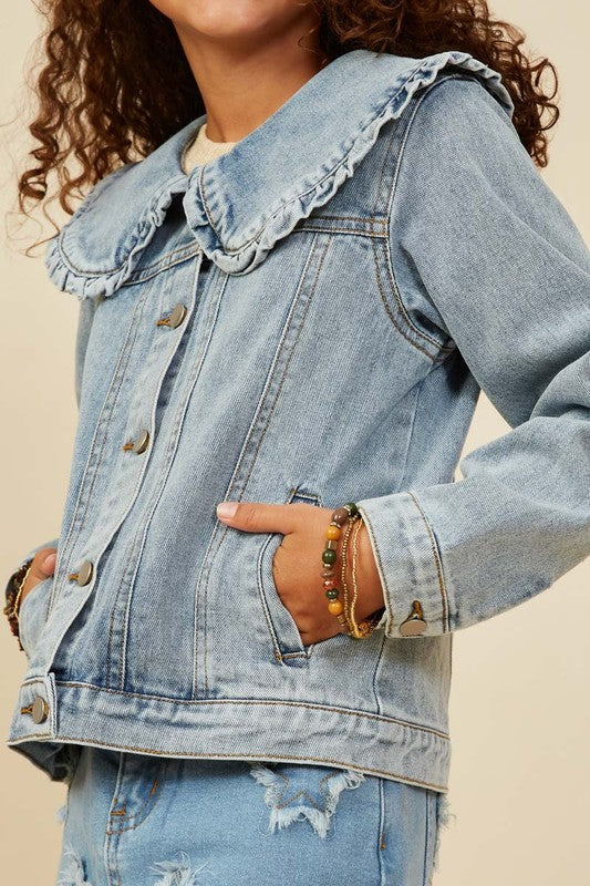 Girls Ruffle Collar Denim Jacket