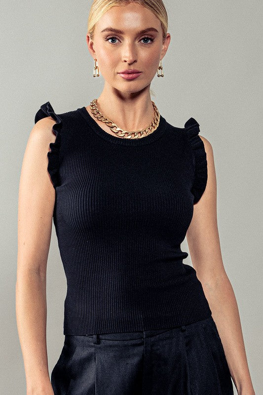 Black Ruffled Cap Sleeve Tank Top