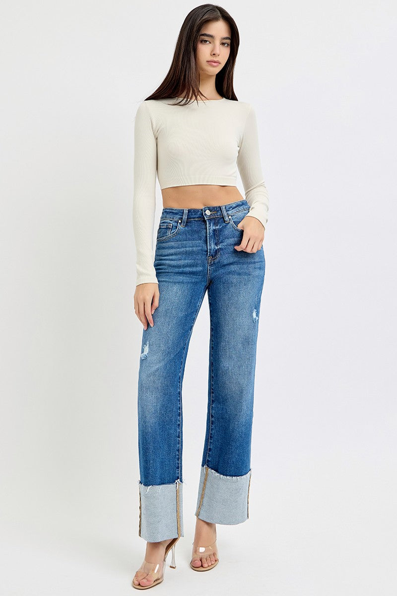 Risen High Rise Ankle Wide Cuffed Jeans