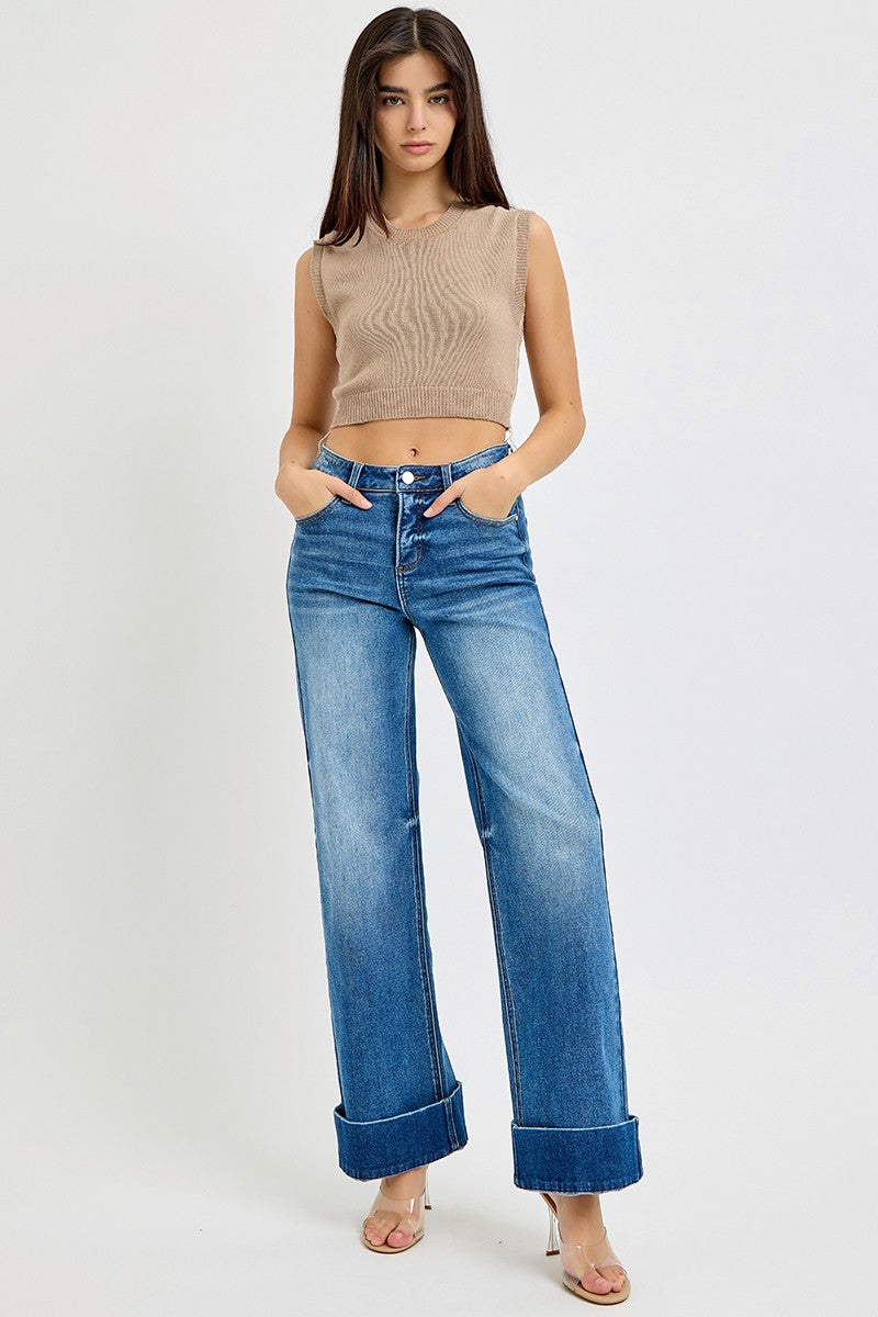 Risen TC High Rise Ankle Wide Cuffed Jeans