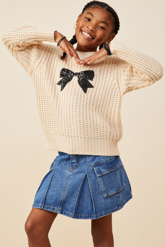 Girls Ivory Sweater with Sequin Bow
