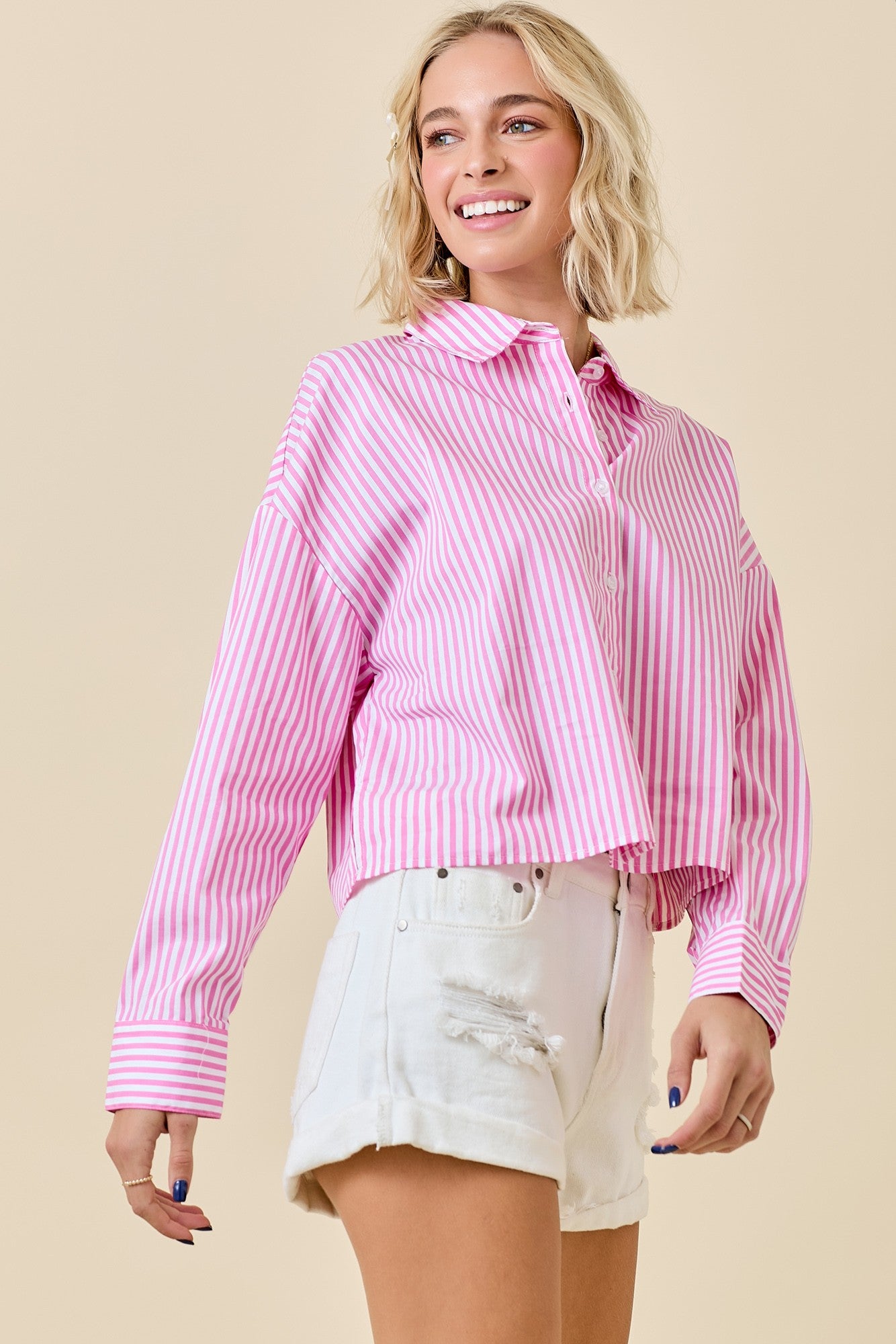 Pink Striped Woven Collard Top