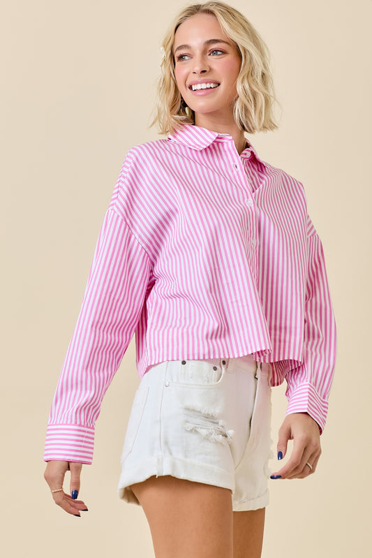 Pink Striped Woven Collard Top