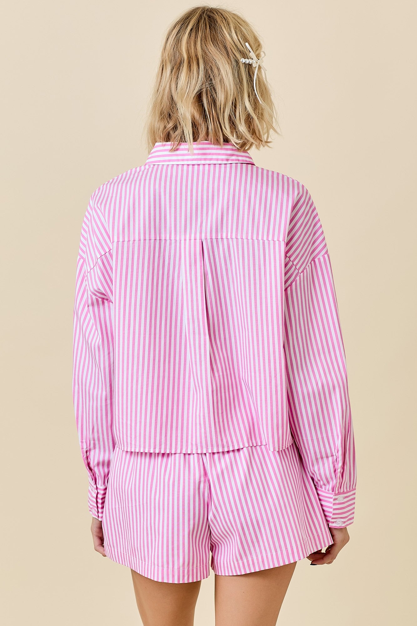 Pink Striped Woven Collard Top