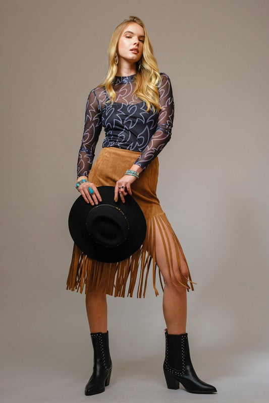Black Boot Stitch Mock Neck Mesh Top
