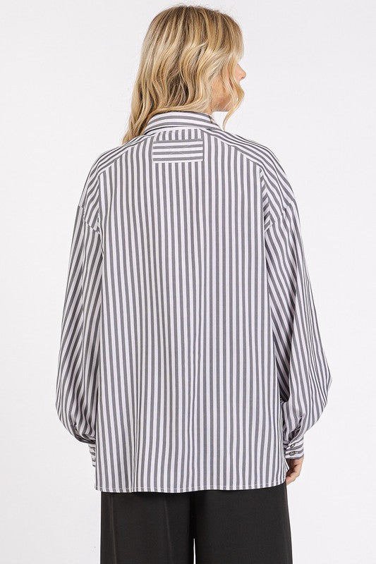 Black Striped Loose Fit Button Up Top