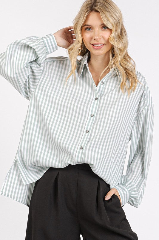 Sage Striped Loose Fit Button Up Top