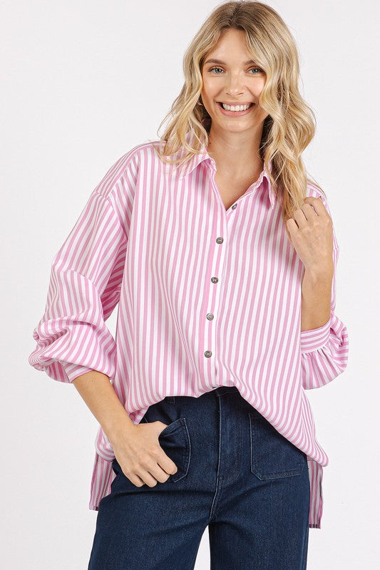Pink Striped Loose Fit Button Up Top