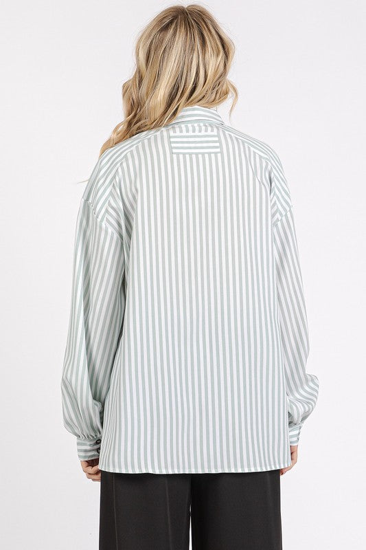 Sage Striped Loose Fit Button Up Top