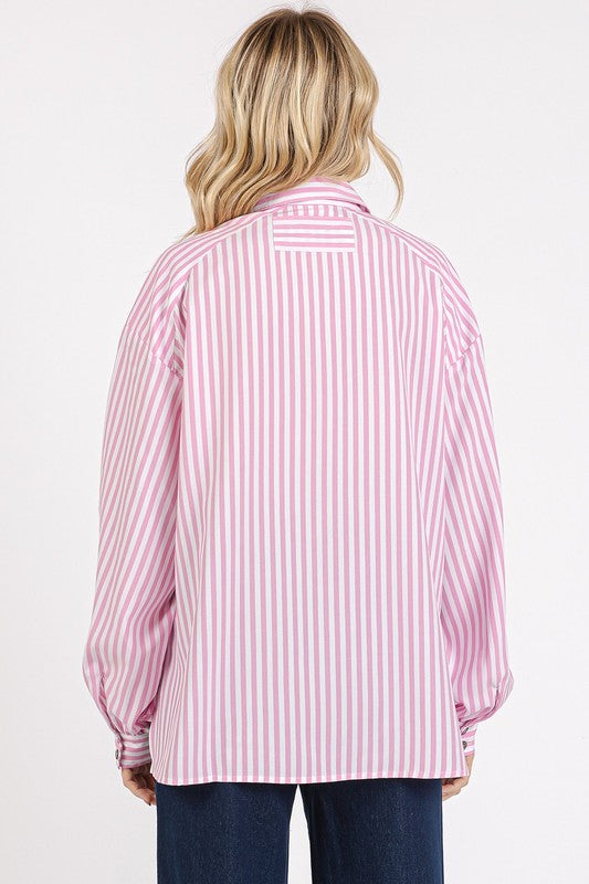 Pink Striped Loose Fit Button Up Top