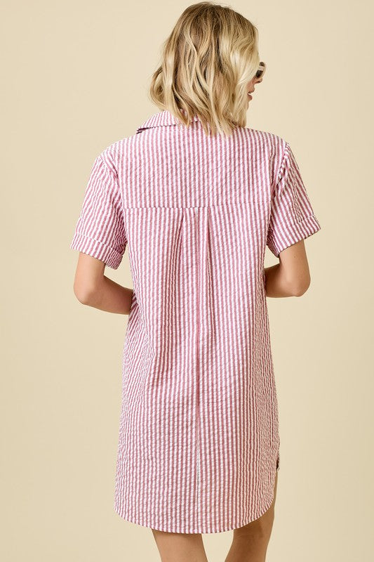 Red & White Striped Seersucker Shirt Dress