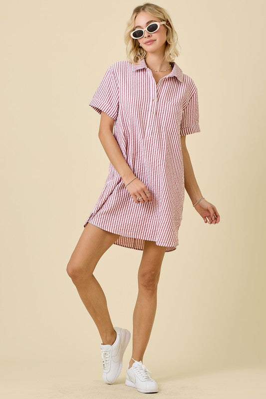 Red & White Striped Seersucker Shirt Dress