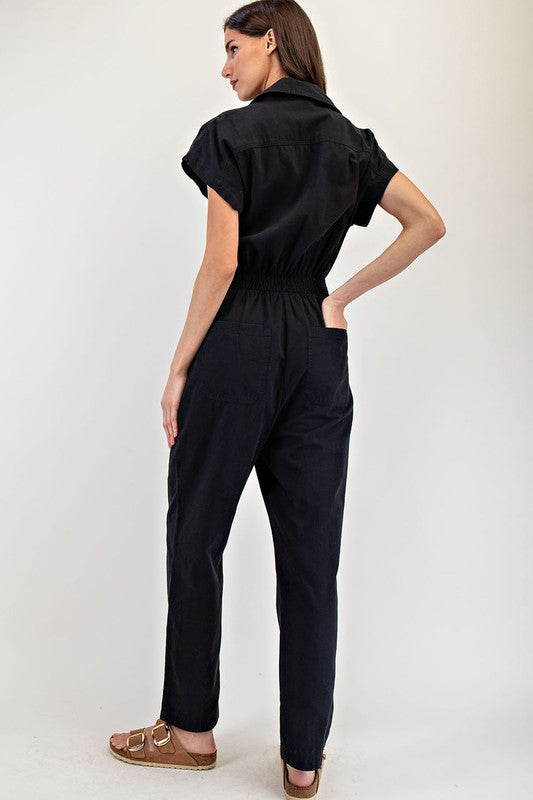 Black Short Sleeve Smock Jumpsuit