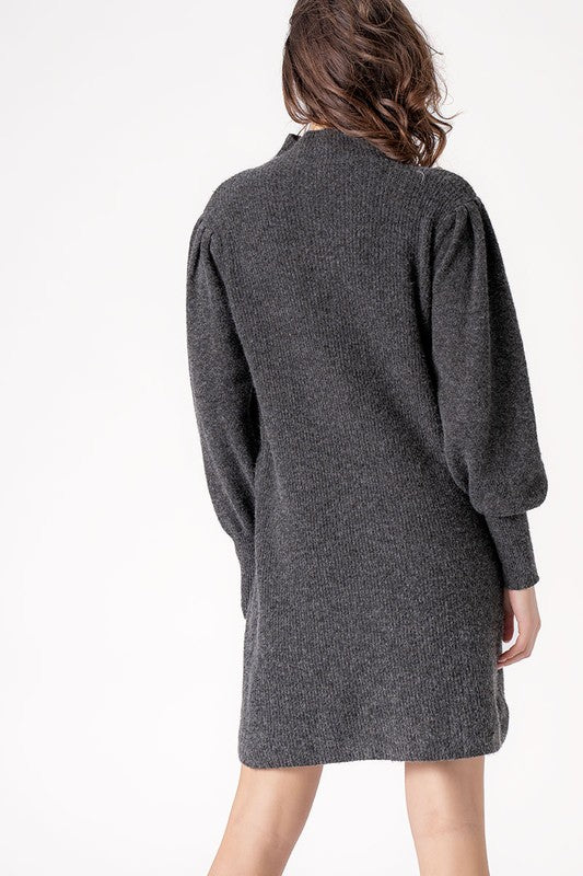Balloon Sleeves Mock Neck Sweater Dress