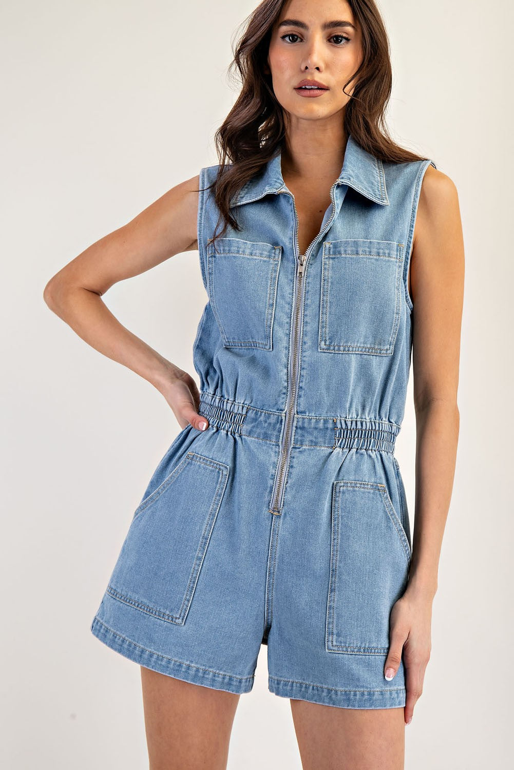 Sleeveless Zip Front Denim Romper