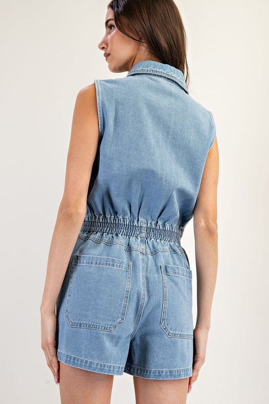 Sleeveless Zip Front Denim Romper