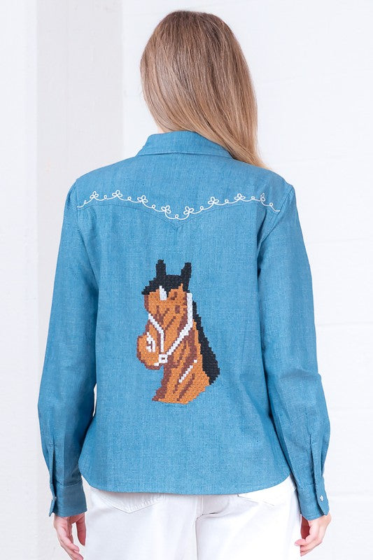 Denim Horse Embroidered Snap Button Top
