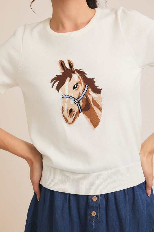Horse Graphic Short Sleeve Sweater