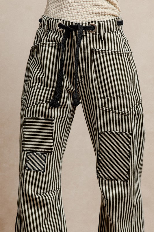 Black Striped Twill Barrel Pants