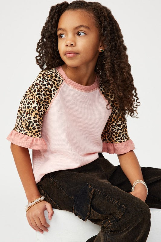 Girls Pink Cheetah Sleeve Raglan Knit Top