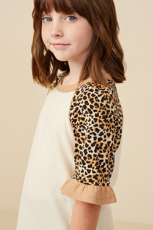 Girls Oatmeal Cheetah Sleeve Raglan Knit Top