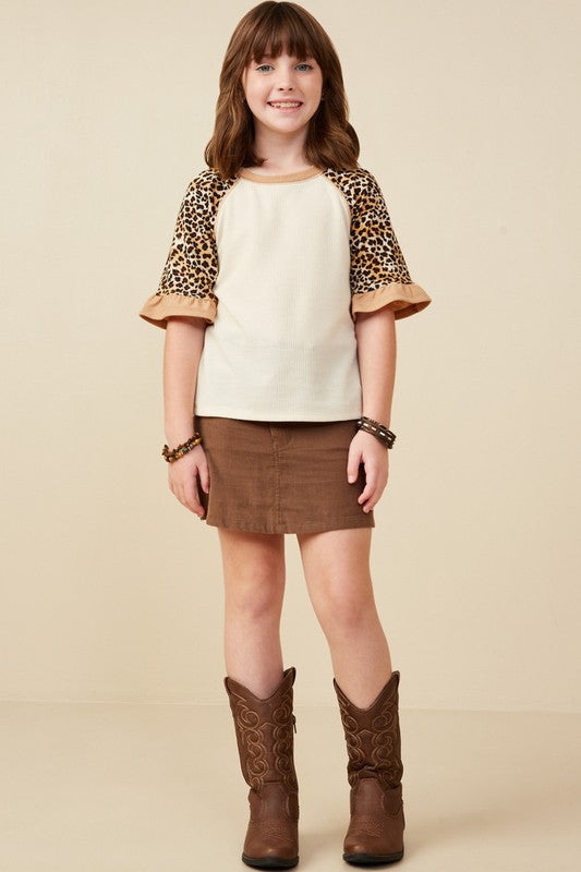 Girls Oatmeal Cheetah Sleeve Raglan Knit Top