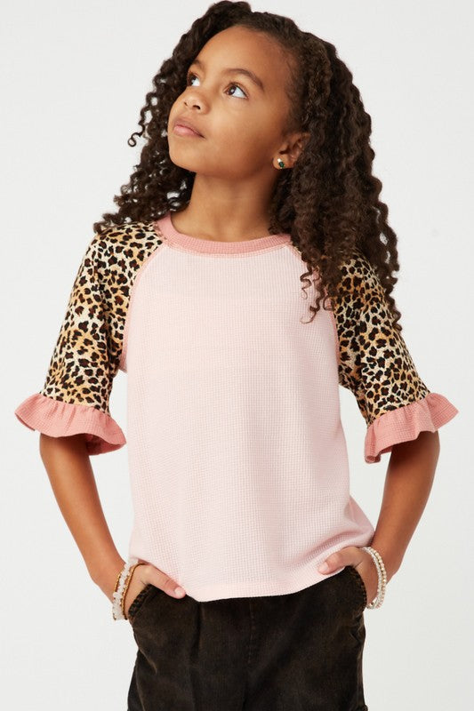 Girls Pink Cheetah Sleeve Raglan Knit Top