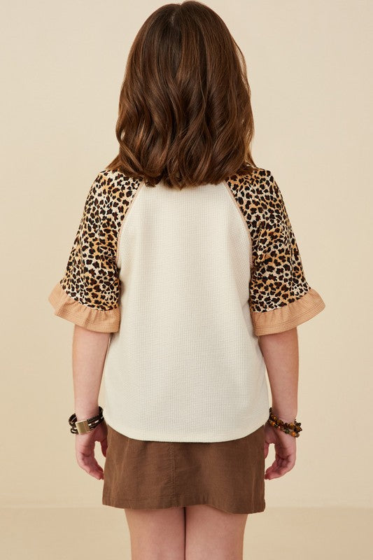 Girls Oatmeal Cheetah Sleeve Raglan Knit Top