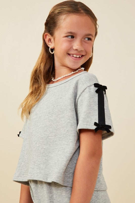 Girls Bow Trim Terry Pant Set
