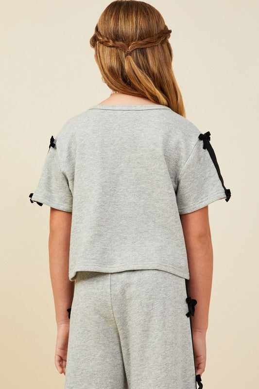 Girls Bow Trim Terry Pant Set