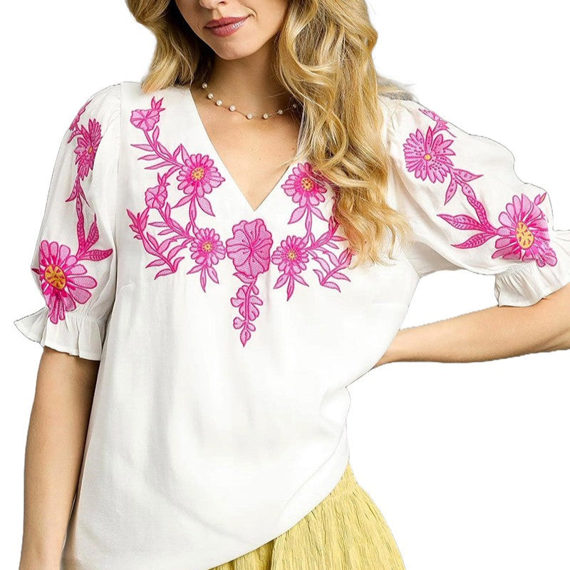 White & Hot Pink Floral Embroidered Top