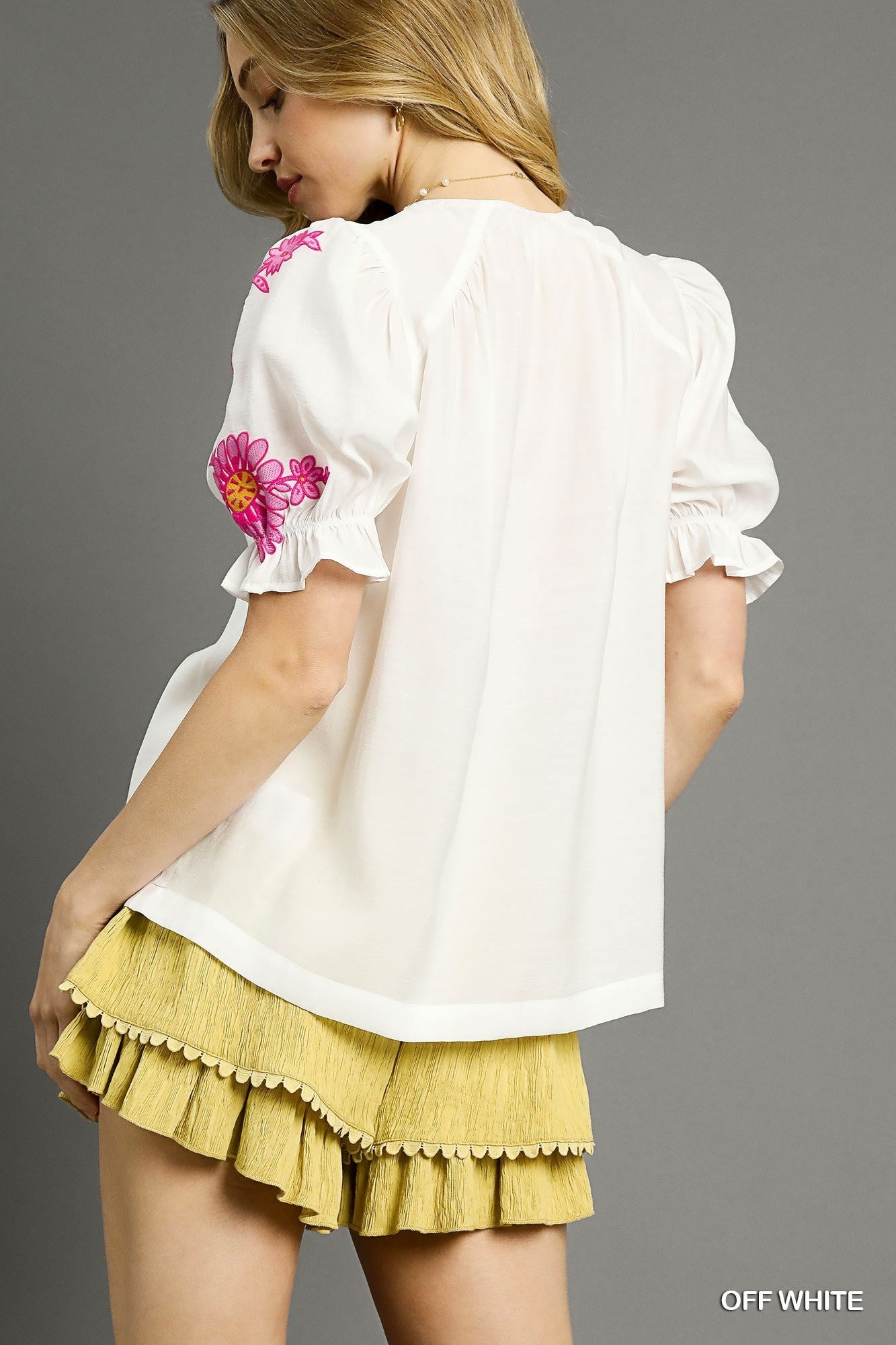 White & Hot Pink Floral Embroidered Top