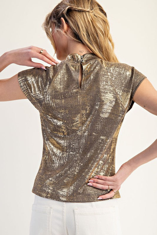 Gold Metallic Foil Mock Neck Top