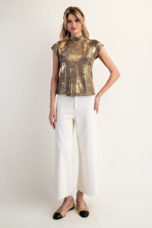 Gold Metallic Foil Mock Neck Top