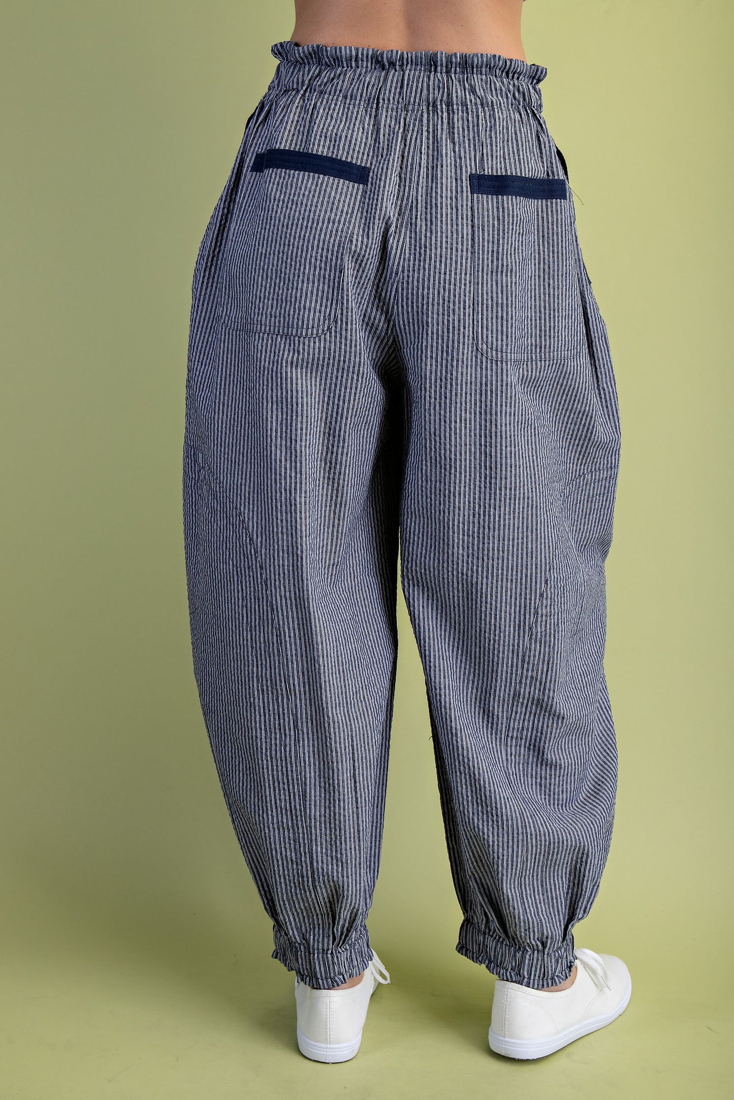 Navy Striped Gathered Ankle Parachute Pants