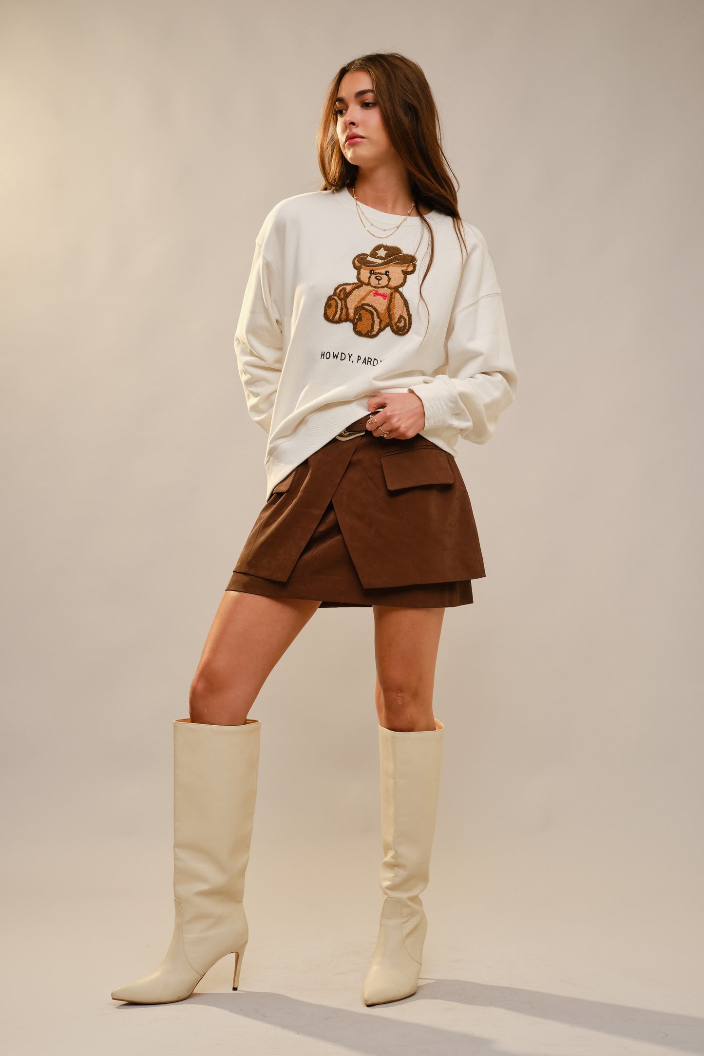 Off White Chenille Western Teddy Sweatshirt